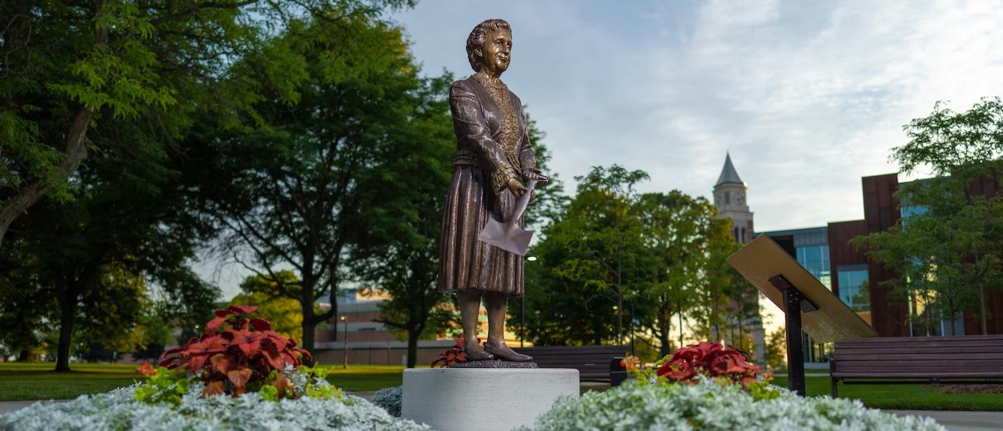 A statue of Matilda Dodge Wilson on Oakland University's campus